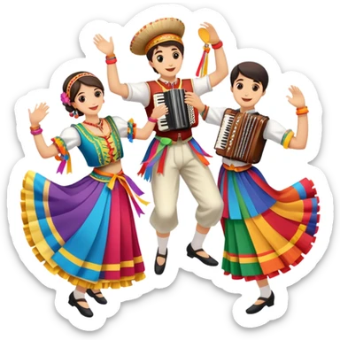 Icon for Folk Dance: close-up traditional dance shoes, colorful folk costumes, and a dance circle with ribbons and musical instruments like a tambourine or accordion. The icon should represent the vibrant and cultural aspects of folk dancing. Transparent background. sticker