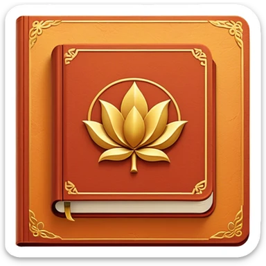 Un libro de cuero rojo terracota, con textura envejecida y bordes dorados desgastados. En la portada, un loto dorado en relieve, irradiando una aura cálida de sabiduría y transformación sticker