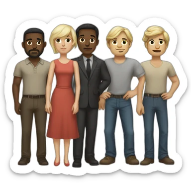 six dark-skinned men stand behind a pale blonde woman sticker
