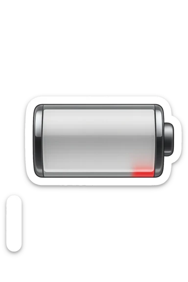 iPhone-style emoji of a battery that is almost empty, with a small red bar at the end indicating low energy. Clean, minimal, glossy look, transparent background. sticker