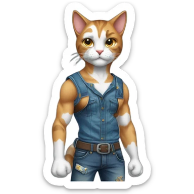 Meowscles is a muscular and humanoid calico cat in blue jeans. He has a heart with "Lynx" written inside of it tattooed on his right bicep. sticker