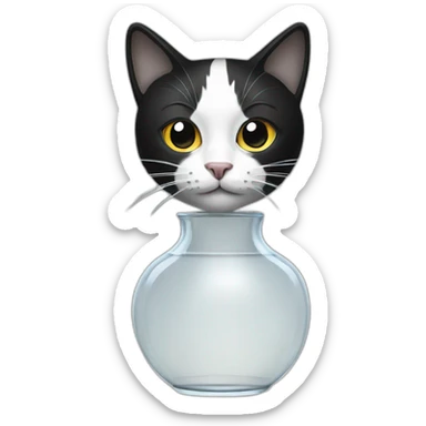 a black and white full body cat in a transparent vase sticker