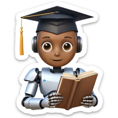 Ai  robot reading a big book with graduation head sticker