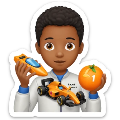 black kid playing orange colored formula 1 toy sticker