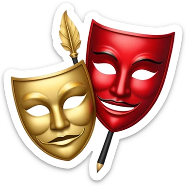 Create a bold and dramatic emoji representing the art of playwriting. The design should feature an open script or a theater playbook, with stylized text lines or dramatic dialogue inside. Include elements like a theatrical comedy and tragedy masks, a stage spotlight, or a writting quill to symbolize creativity and performance. Use deep, contrasting colors like red, black, and gold to evoke the intensity and passion of drama. The overall design should feel dramatic, inspiring, and artistic. Make the background transparent. sticker