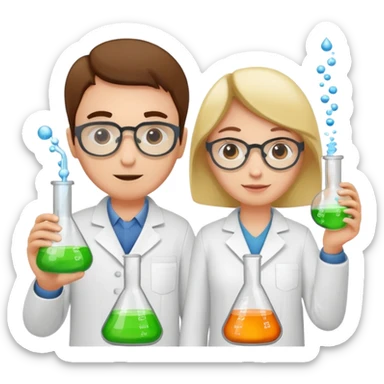 Five chemists: one organic chemist, on physical chemist, one inorganic chemist, one technical chemist and on theoretical chemist – each one with a typical item for their field sticker