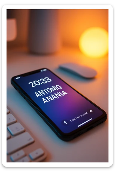 A photo of an iPhone on the desk with the message "Antonio Anania" on its screen, The phone sits atop a desk with a blurred background that suggests work environment. A faint glow from above casts gentle shadows across the surface of each object, creating depth and highlighting their textures sticker