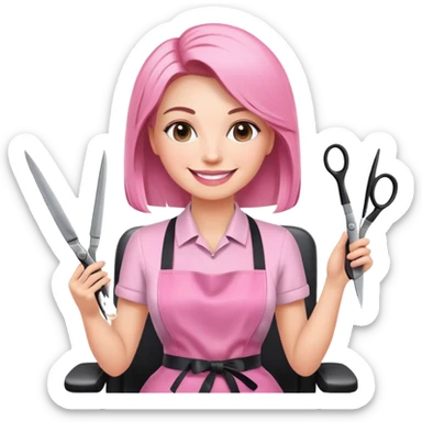 smiling woman client in pink apron sitting in salon chair, female hairstylist smiling behind with scissors sticker