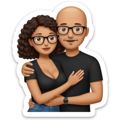 A picture of an embracing tanned couple. the man is a Mexican man with tanned skin, NO GLASSES, with a bald hair cut, short beard and wearing a black shirt. the woman is short with long curly dark brown hair and with big boobs. Put glasses on the woman.  sticker