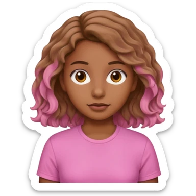 A brown skinned girl with light brown wavy hair wearing a pink shirt sticker