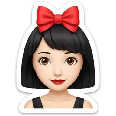 ["Fair skin female, black bob haircut, red bow clip at crown."] sticker