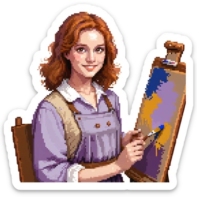 Serene female oil painter, Caucasian features, shoulder-length auburn hair, soft brown eyes, gentle smile, wearing a violet painter’s smock lightly stained with paint over a beige blouse, holding a wooden palette with vibrant colors in one hand and a brush in the other, waist-up, front-facing sticker