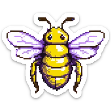 A pixelated bee with black and yellow stripes and wings sticker