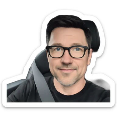 middle-age-lean-white-man-with-black-hair-&-glasses-wearing-black-Tesla-T-shirt,-inside-black-tesla-model-3, at the wheel, front view sticker