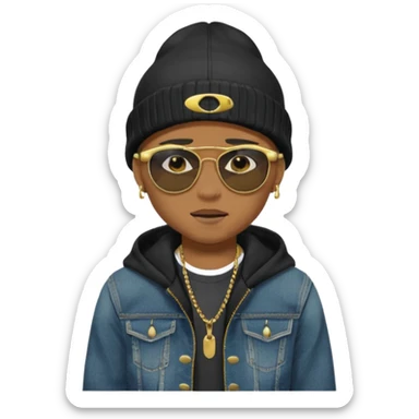 un emoji de un chico emcapuchado, con gorro kalenji, dientes de oro, com uma jaqueta denim tears preta e uns oculos da oakley sticker