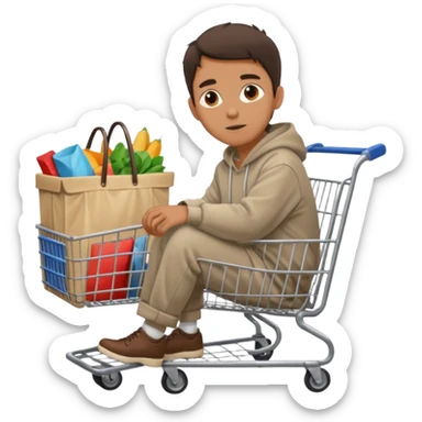 A man in oversized second-hand clothes, sitting beside a shopping cart of items, looking around with soft hopeful eyes.
 sticker