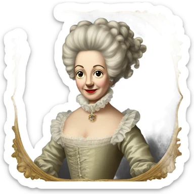 An 18 century beheaded French queen with a frilly pouf hairstyle and wearing a chemise la Reine   sticker