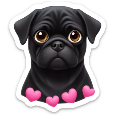 Black pug surrounded by pink hearts sticker