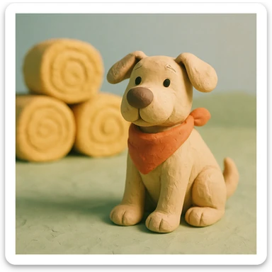 friendly farm dog with a bandana, hay bales in background, soft pastel colors, claymation style sticker