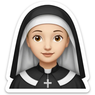 A light-skinned woman with brown eyes and a calm smile, wearing a black and white nun’s habit. sticker