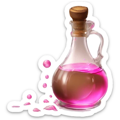 Mysterious Alchemical vintage glass potion bottle, exquisite bottle shape, old and shabby, with label, stylish and minimalistic, brown and pink, oil potion is poured out of the bottle, oil is spilled next to it sticker