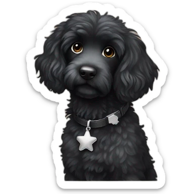 fully black aussie doodle with a silver star-shaped tag on its collar sticker