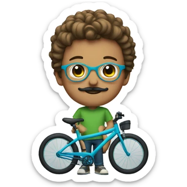 young boy with moustache, light brown air and glasses and a green-blue bike sticker