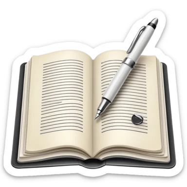"A white open book,The pen should be positioned as placed exactly in the center between the pages.  if held by a right-handed person - meaning the direction is reversed compared to a left-handed grip. The pen should be uncapped, and the cap placed behind it." sticker