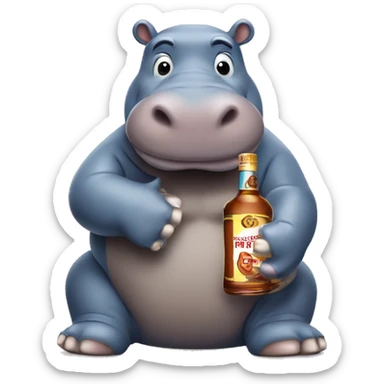 Hippo with malibu rum bottle in hands in classic iOS emoji style  sticker