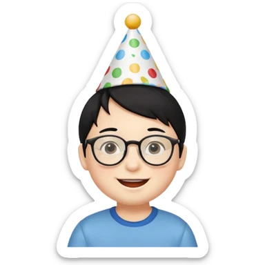 a little boy with black hair with birthday hat, wearing glasses 















 sticker