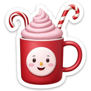 hot chocolate with pastel pink marshmallows in red christmas mug with stars and candy cane, trendy aesthetic sticker