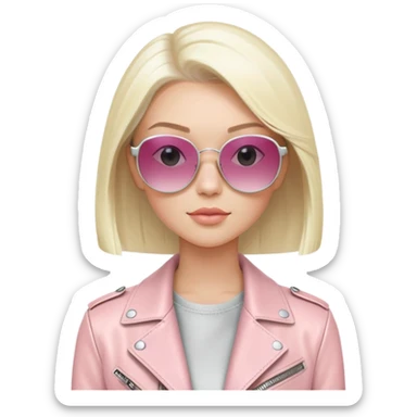  girl with platinum blonde hair in a sleek bob, wearing a luxury pastel pink leather jacket and designer sunglasses, set against a soft, elegant backdrop sticker
