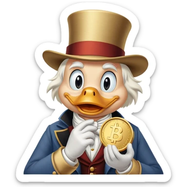scrooge mcduck holding a coin and looking at it with loving eyes. sticker