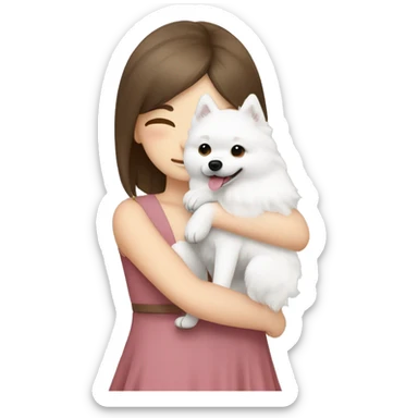 Japanese spitz dog hug brown hair girl with dress sticker