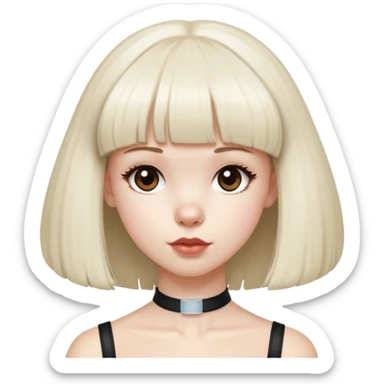 Girl with pale skin and waist length straight dark-brown hair with bangs, with dark brown eyes and round full lips. She is wearing a white tube top.She has a big standard poodle who is light blonde color. He doesn’t have a poodle haircut just natural hair and flat ears sticker
