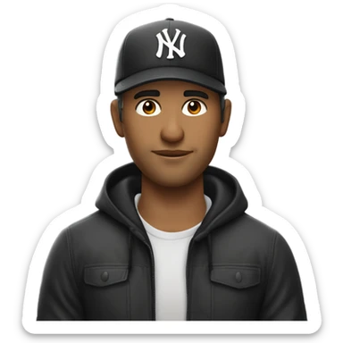 Homme blanc / 35 ans / cheveux courts noir / yeux en amande / viril / mal rasé / casquette yankee noir sticker