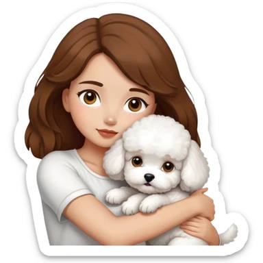 A beautiful olive skinned girl with brown hair, hugging 3 white bichon frise's sticker