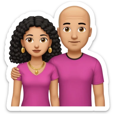 A picture if a couple. the man is a Mexican man with tanned skin, black hair, a bald hair cut, short boxed beard, and with a black t-shirt on. the woman is mixed with black and white, with brown curly long hair, gold earrings, a gold necklace and a pink shirt on and big boobs sticker