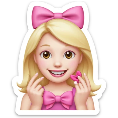 smiling emoji with a pink bow on head and hand placed on the teeth sticker