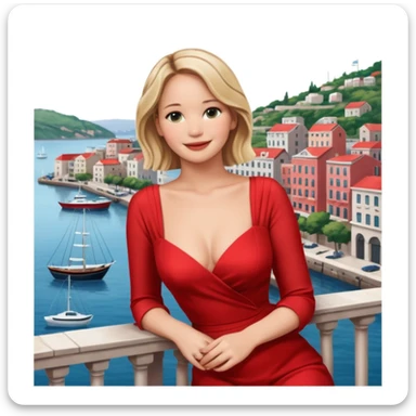 jennifer lawrence, red dress leaning on a balcony with a harbor and cityscape in the background, smiling, closeup sticker