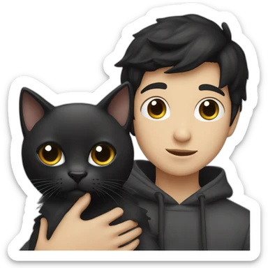 black haired and white skin boy who wears hoodie holds a black cat sticker
