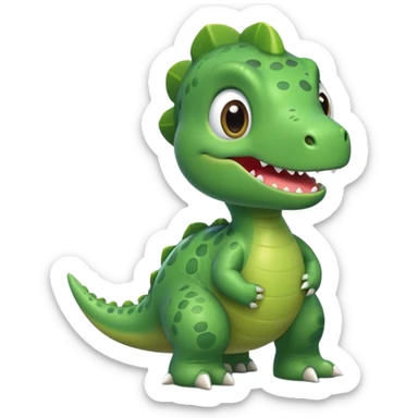 Cute green dinosaur emoji with round body, big eyes, small arms, soft shadows, smooth outlines, glossy finish, friendly smile, simple flat design, high-detail yet minimal style, perfect for emoji set, transparent background sticker
