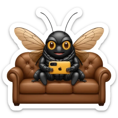 Black Cicada cartoon style watching on a phone sit on a brown sofa  sticker