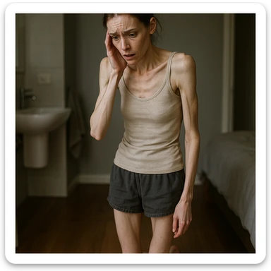 hyper realistic woman on a scale who has lost weight too quickly, worried expression, realistic details, atmosphere suggesting discomfort, scene in bathroom or bedroom sticker