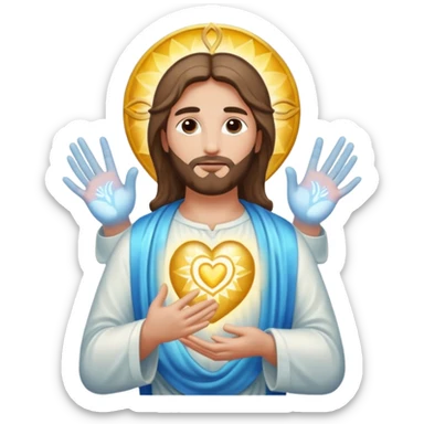 Christ Guardian of Mind, compassionate protector with glowing aura, one hand over heart and other extended outward, ethereal patterns representing thought and clarity, iOS emoji style sticker