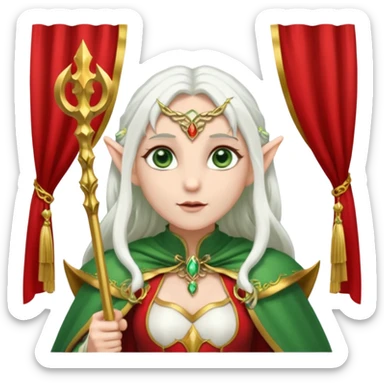 an elf with very white hair and two long pigtails on the side of her head, she has a curtain bang, green eyes, she has a white cape with golden borders and a scepter with a red orb, she has earrings that look like red drops sticker