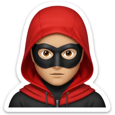 Q person with a red hood on and a black mask with a white square in the middle  sticker