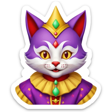 crazy colorful cute little cat jolly joker from poker, medieval, vintage, court jester, mac os icon, purple, yellow and red color, half body sticker