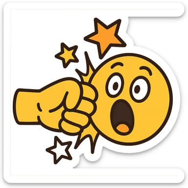 flat-toon style dramatic punch scene with yellow emoji fist hitting yellow emoji face, face has shocked expression, squished cheek, comic stars, smooth bold outlines sticker