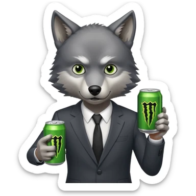 wolf in business suit, holding a monster energy can  sticker
